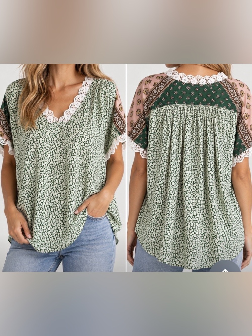 DAVI & DANI Mint Green Floral Lace-Trim V-Neck Top with Bandana Yoke Medium